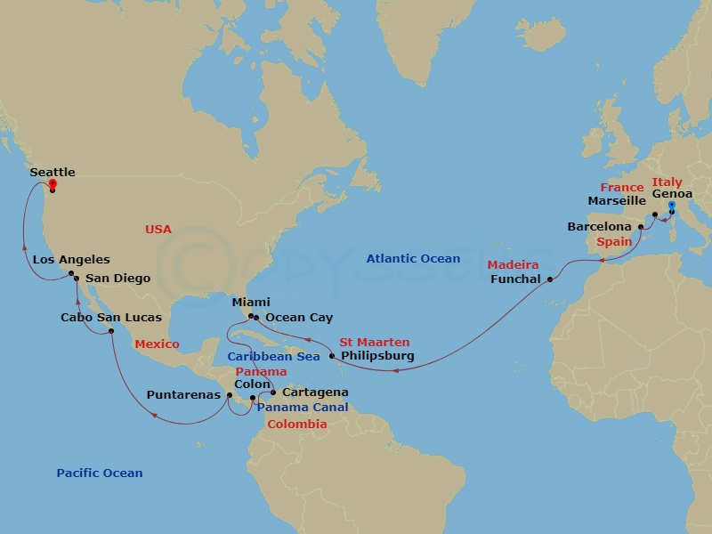 34 Night - Msc Grand Voyages - MSC Poesia - Starting in Genoa (Portofino), Italy, Marseille (Provence), France, Barcelona, Spain, Funchal (Madeira Islands), Portugal, Philipsburg, St Maarten, Ocean Cay Msc Marine Reserve, Bahamas, Miami, Florida, Cartagena CO, Colon, Panama, Cruising Panama Canal, Puntarenas (San Jose), Costa Rica, Cabo San Lucas, Mexico, San Diego, Los Angeles, Seattle, Washington itinerary map