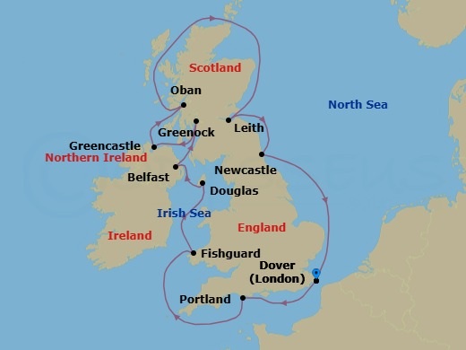 14 Night - Jewels of the British Isles - Seabourn Ovation - Starting in Dover UK (London), England, Portland UK, United Kingdom, Ringaskiddy (Cork), Ireland, Fishguard, Wales, United Kingdom, Douglas, Isle of Man, Belfast, Northern Ireland, United Kingdom, Greenock (Glasgow), Scotland, United Kingdom, Greencastle (Londonderry), Ireland, Oban UK, Scotland, Leith (Edinburgh), Scotland, United Kingdom, Newcastle upon Tyne, England, United Kingdom, Dover UK (London), England itinerary map