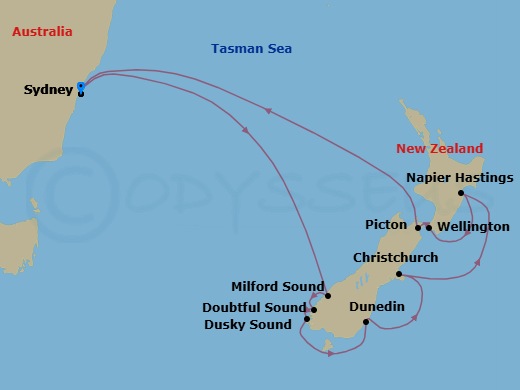 12 Night - New Zealand Cruise - Anthem of the Seas - Starting in Sydney AU, Milford Sound, New Zealand, Doubtful Sound, Dusky Sound, Dunedin, New Zealand, Christchurch, New Zealand, Napier, New Zealand, Wellington, New Zealand, Picton, New Zealand, Sydney AU itinerary map