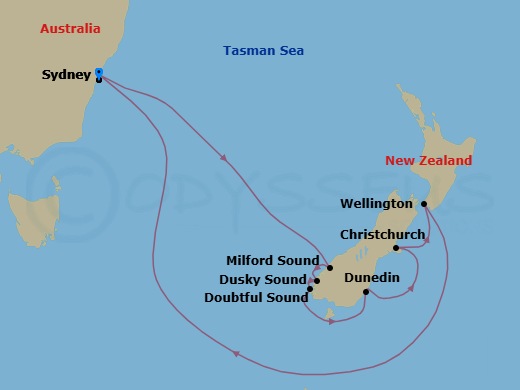 9 Night - New Zealand Holiday Cruise - Anthem of the Seas - Starting in Sydney AU, Milford Sound, New Zealand, Doubtful Sound, Dusky Sound, Dunedin, New Zealand, Christchurch, New Zealand, Wellington, New Zealand, Sydney AU itinerary map