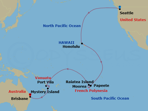 26 Night - Transpacific Cruise - Voyager of the Seas - Starting in Seattle, Washington, Honolulu, Oahu, Hawaii, Moorea, French Polynesia, Papeete, Tahiti, Raiatea, French Polynesia, International Dateline, Vila, Vanuatu, Mystery Island, Vanuatu, Brisbane, Australia itinerary map