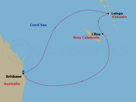 7 Night - Royal Beach Club Lelepa & South Pac - Voyager of the Seas - Starting in Brisbane, Australia, Royal Beach Club Lelepa, Lifou, Loyalty Island, Brisbane, Australia itinerary map