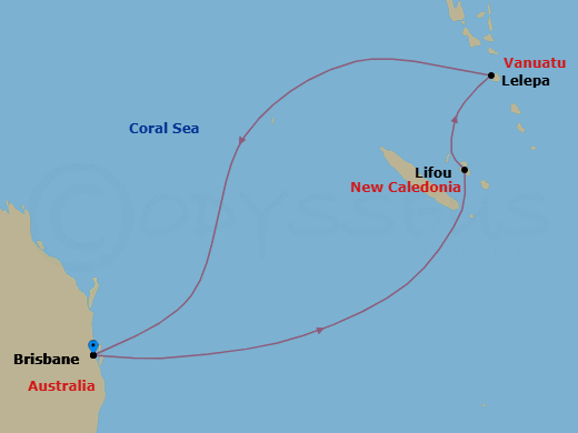 7 Night - Royal Beach Club Lelepa & South Pac - Voyager of the Seas - Starting in Brisbane, Australia, Lifou, Loyalty Island, Royal Beach Club Lelepa, Brisbane, Australia itinerary map