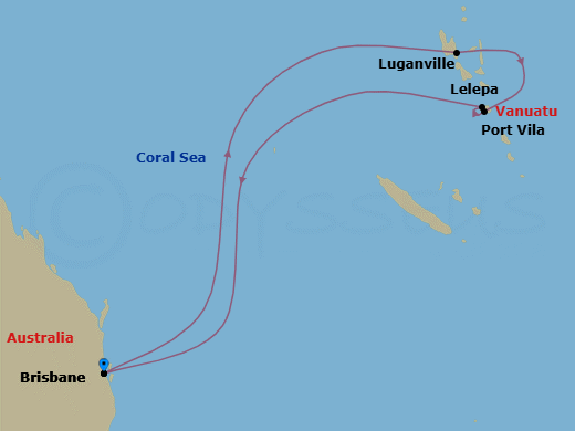 8 Night - Royal Beach Club Lelepa & South Pac - Voyager of the Seas - Starting in Brisbane, Australia, Luganville, Vanuatu, Vila, Vanuatu, Royal Beach Club Lelepa, Brisbane, Australia itinerary map