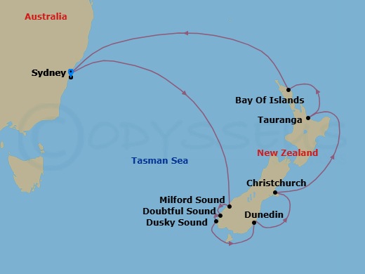 11 Night - New Zealand Cruise - Anthem of the Seas - Starting in Sydney AU, Milford Sound, New Zealand, Doubtful Sound, Dusky Sound, Dunedin, New Zealand, Christchurch, New Zealand, Tauranga, New Zealand, Bay of Islands, New Zealand, Sydney AU itinerary map