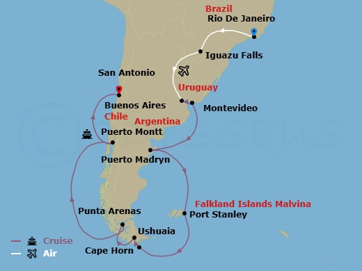 20 Night - Iguazu Falls Adventure - Tour 1C - Majestic Princess Tours - Starting in Rio De Janeiro, Brazil, Iguazu Falls, Brazil, Buenos Aires, Argentina, Montevideo, Uruguay, Puerto Madryn, Argentina, Port Stanley, Falkland Islands, Cape Horn (Scenic Cruising), Ushuaia (Tierra del Fuego), Argentina, Beagle Channel Fjords and Glacier Alley, Chile, Punta Arenas, Chile, Puerto Montt, Chile, San Antonio CL (for Santiago), Chile itinerary map