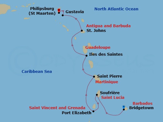 10 Night - Caribbean from Bridgetown to St Maarten (Philipsburg) - Sea Cloud II - Starting in Bridgetown, Soufriere, Port Elizabeth VC / Bequia, Tobago Cays, St Vincent and the Grenadines, Saint-Pierre, Terre-De-Haut, Iles Des Saintes, St Johns AG, Antigua, Gustavia, Philipsburg itinerary map