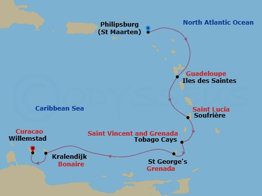 8 Night - Caribbean from St Maarten (Philipsburg) to Willemstad - Sea Cloud Spirit - Starting in Philipsburg, Terre-De-Haut, Iles Des Saintes, Soufriere, Tobago Cays, St Vincent and the Grenadines, St Georges, Kralendijk, Willemstad AN, Curacao itinerary map