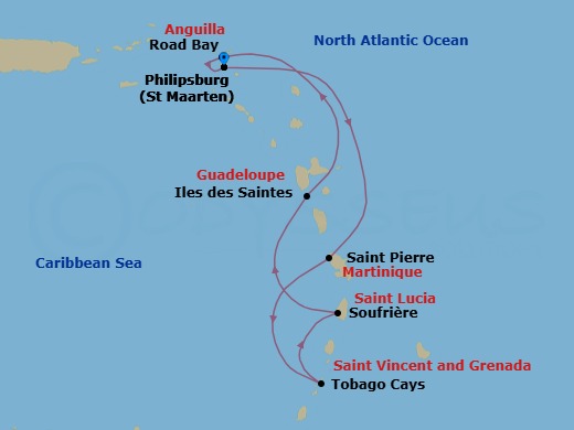 8 Night - Caribbean Roundtrip from St Maarten (Philipsburg) - Sea Cloud Spirit - Starting in Philipsburg, Saint-Pierre, Tobago Cays, St Vincent and the Grenadines, Soufriere, Terre-De-Haut, Iles Des Saintes, Road Bay (Sandy Ground), Philipsburg itinerary map