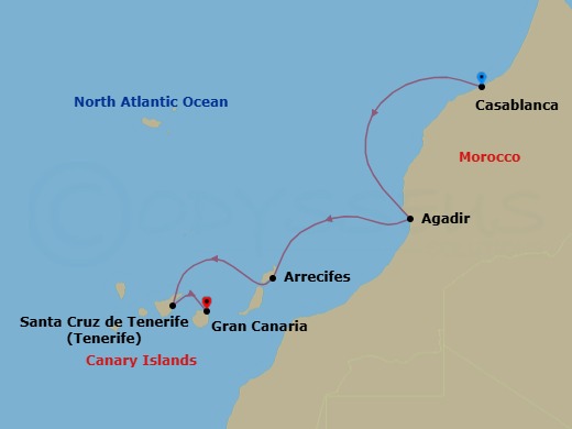 7 Night - Cruise from Casablanca to Gran Canaria - Sea Cloud Spirit - Starting in Casablanca, Agadir, Arrecife / Lanzarote, Santa Cruz de Tenerife, Las Palmas / Gran Canaria itinerary map