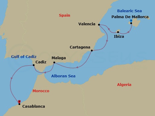 9 Night - Cruise from Palma De Mallorca to Casablanca - Sea Cloud Spirit - Starting in Palma De Mallorca, Ibiza City / Ibiza, Valencia, Cartagena ES, Malaga, Cadiz, Casablanca itinerary map