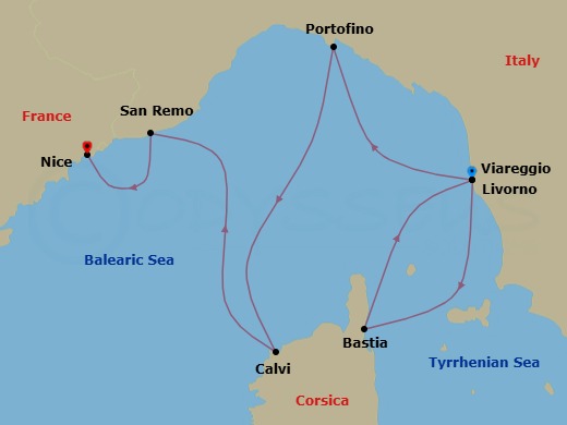7 Night - Western Mediterranean from Livorno to Nice - Sea Cloud Spirit - Starting in Livorno, Bastia / Corsica, Viareggio, Portofino, Calvi / Corsica, San Remo, Nice itinerary map