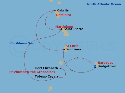 8 Night - Caribbean Roundtrip from Bridgetown - Sea Cloud II - Starting in Bridgetown, Port Elizabeth VC / Bequia, Tobago Cays, St Vincent and the Grenadines, Saint-Pierre, Cabrits, Soufriere, Bridgetown itinerary map