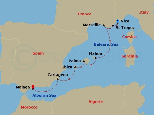 11 Night - Western Mediterranean from Nice to Malaga - Sea Cloud II - Starting in Nice, St Tropez, Marseille, Mahon / Menorca, Palma De Mallorca, Ibiza City / Ibiza, Cartagena, Malaga itinerary map