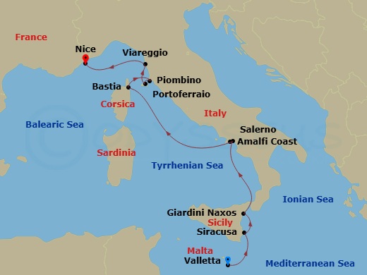 11 Night - Western Mediterranean from Valletta to Nice - Sea Cloud II - Starting in Valletta, Syracuse, Sicily, Italy, Giardini Naxos (Taormina) / Sicily, Salerno, Amalfi, Bastia / Corsica, Piombino, Portoferraio / Elba, Viareggio, Nice itinerary map