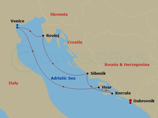 8 Night - Eastern Mediterranean from Venice to Dubrovnik - Sea Cloud II - Starting in Venice, Rovinj, Sibenik, Korcula, Hvar, Dubrovnik, Croatia itinerary map