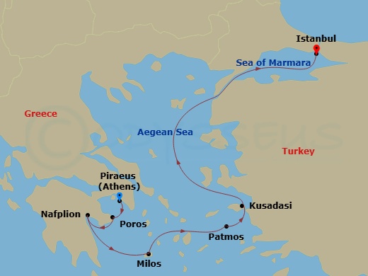 8 Night - Eastern Mediterranean from Athens (Piraeus) to Istanbul - Sea Cloud II - Starting in Piraeus, Poros, Nafplion / Peloponnese, Milos / Cyclades, Patmos / Dodecanese, Kusadasi, Istanbul itinerary map