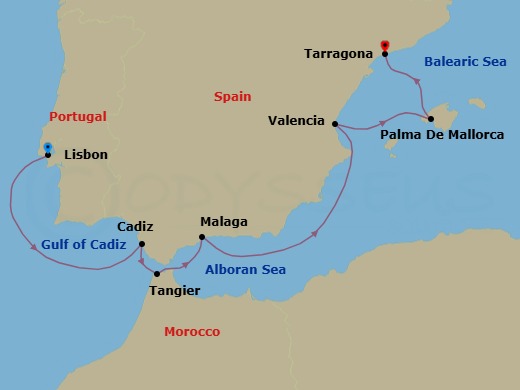 9 Night - Cruise from Lisbon to Tarragona - Sea Cloud II - Starting in Lisbon, Cadiz, Tangier, Malaga, Valencia, Palma De Mallorca, Tarragona itinerary map