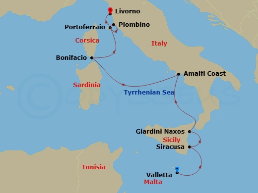 10 Night - Western Mediterranean from Valletta to Livorno - Sea Cloud Spirit - Starting in Valletta, Syracuse, Sicily, Italy, Giardini Naxos (Taormina) / Sicily, Sail Along the Amalfi Coast, Amalfi, Bonifacio / Corsica, Portoferraio / Elba, Piombino, Livorno itinerary map