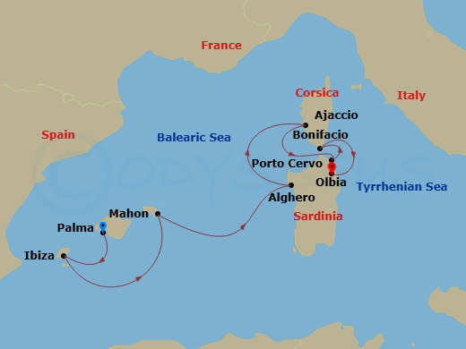 11 Night - Western Mediterranean from Palma De Mallorca to Olbia - Sea Cloud Spirit - Starting in Palma De Mallorca, Ibiza City / Ibiza, Mahon / Menorca, Alghero / Sardinia, Ajaccio / Corsica, Porto Cervo / Sardinia, Bonifacio / Corsica, Olbia / Sardinia itinerary map