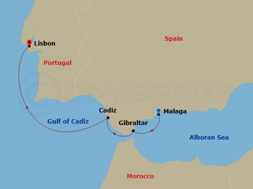 5 Night - Western Mediterranean from Malaga to Lisbon - Sea Cloud Spirit - Starting in Malaga, Gibraltar, Cadiz, Passage On the Tagus, Lisbon itinerary map