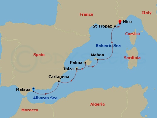 9 Night - Western Mediterranean from Malaga to Nice - Sea Cloud Spirit - Starting in Malaga, Cartagena, Ibiza City / Ibiza, Palma De Mallorca, Mahon / Menorca, St Tropez, Nice itinerary map
