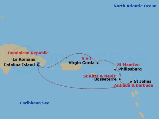 7 Night - South Caribbean - MSC Opera - Starting in La Romana, Dominican Republic, Catalina Island, Dominican Republic, Virgin Gorda, British Virgin Islands, Philipsburg, St Maarten, Basseterre, Sao Cristovao, Nevis, St Johns AG, Antigua, La Romana, Dominican Republic itinerary map