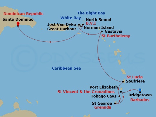 14 Night - Caribbean from Bridgetown to Santo Domingo - Sea Cloud II - Starting in Bridgetown, Port Elizabeth VC / Bequia, St Georges, Tobago Cays, St Vincent and the Grenadines, Soufriere, Gustavia, White Bay, Jost Van Dyke, Great Harbour / Jost Van Dyke, The Bight Bay / Norman Island, North Sound / Virgin Gorda, Santo Domingo itinerary map
