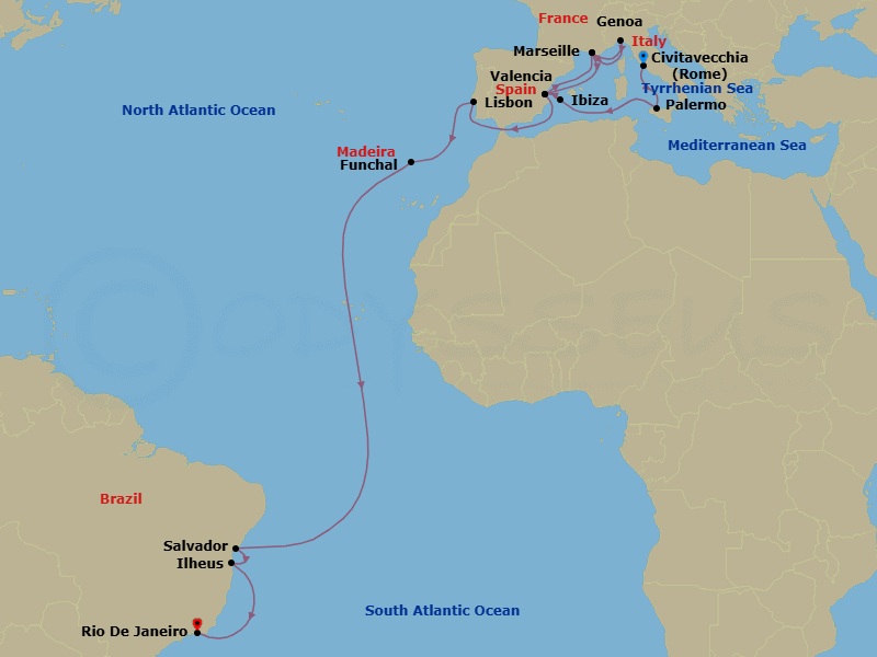 22 Night - Msc Grand Voyages - MSC Musica - Starting in Civitavecchia (Rome), Italy, Palermo (Monreale), Italy, Ibiza (Balearic Islands), Spain, Valencia, Spain, Marseille (Provence), France, Genoa (Portofino), Italy, Marseille (Provence), France, Valencia, Spain, Lisbon (Cascais), Portugal, Funchal (Madeira Islands), Portugal, Salvador, Brazil, Ilheus, Brazil, Rio De Janeiro, Brazil itinerary map