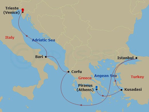 6 Night - Mediterranean - MSC Fantasia - Starting in Piraeus (Athens), Greece, Kusadasi, Turkey, Istanbul, Turkey, Corfu, Greece, Bari, Italy, Trieste (Venice), Italy itinerary map
