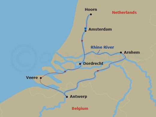 9 Night - Windmills, Tulips & Belgian Delights with Amsterdam - Scenic Ruby - Starting in Amsterdam, Dordrecht, Veere, Antwerp, Arnhem, Hoorn, Amsterdam itinerary map