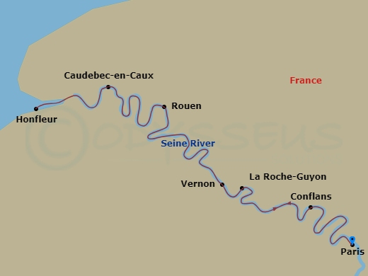 9 Night - Highlights of Normandy & the Seine with Highlights of Paris - Scenic Gem - Starting in Paris, Conflans, Rouen, Honfleur, Honfleur / Caudebec-en-Caux, Vernon / La Roche-Guyon, Paris itinerary map