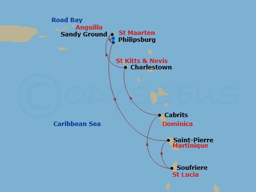 8 Night - Caribbean Roundtrip from St Maarten (Philipsburg) - Sea Cloud Spirit - Starting in Philipsburg, Saint-Pierre, Soufriere, Cabrits, Charlestown, Nevis, Road Bay (Sandy Ground), Philipsburg itinerary map