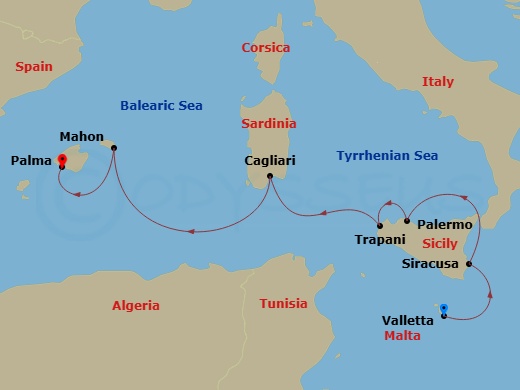 9 Night - Sail Away from Fall - Sea Cloud Spirit - Starting in Valletta, Syracuse, Sicily, Italy, Palermo, Sicily, Trapani, Sicily, Cagliari / Sardinia, Mahon / Menorca, Palma De Mallorca itinerary map