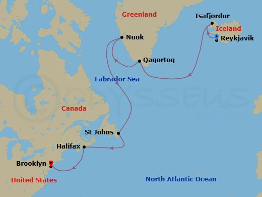 13 Night - Iceland, Greenland, Canada & Nyc - Valiant Lady - Starting in Reykjavik, Iceland, Isafjordur, Iceland, Prince Christian Sound (Cruising), Greenland, Qaqortoq, Greenland, Nuuk, Greenland, St Johns NF, Newfoundland, Halifax, Nova Scotia, Canada, New York City, New York itinerary map