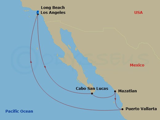 7 Night - Mexican Riviera Cruise - Carnival Panorama - Starting in Long Beach (Los Angeles), Ca, Cabo San Lucas, Mexico, Mazatlan, Mexico, Puerto Vallarta, Mexico, Long Beach (Los Angeles), Ca itinerary map