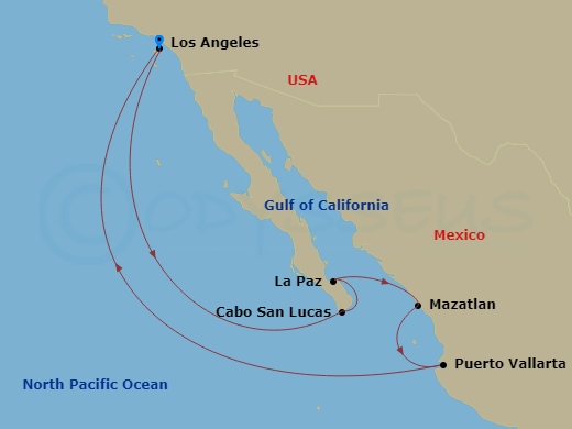 8 Night - Mexican Riviera - Carnival Panorama - Starting in Long Beach (Los Angeles), Ca, Cabo San Lucas, Mexico, La Paz, Mexico, Mazatlan, Mexico, Puerto Vallarta, Mexico, Long Beach (Los Angeles), Ca itinerary map