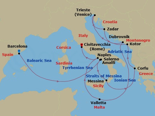 14 Night - Italy and Adriatic - Queen Victoria - Starting in Barcelona, Spain, Salerno (tours to Capri or Pompeii), Italy, Amalfi Coast Sail By, IT, Messina Strait, Italy (Transit), Messina, Sicily, Italy, Corfu, Greece, Kotor, Montenegro, Trieste, Italy, Zadar, Croatia, Dubrovnik, Croatia, Valletta, Malta, Naples (tours to Capri or Pompeii), Italy, Civitavecchia (tours to Rome), Italy itinerary map