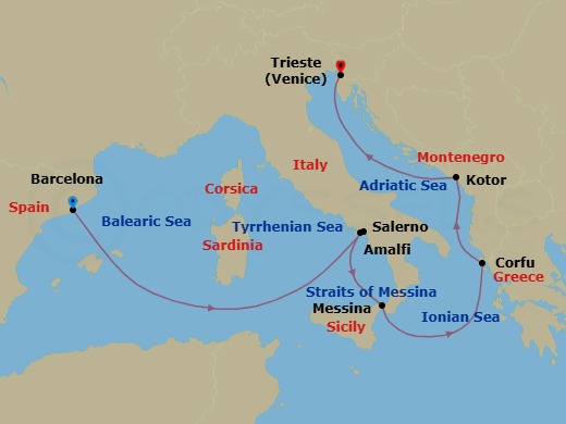 7 Night - Italy and Adriatic - Queen Victoria - Starting in Barcelona, Spain, Salerno (tours to Capri or Pompeii), Italy, Amalfi Coast Sail By, IT, Messina Strait, Italy (Transit), Messina, Sicily, Italy, Corfu, Greece, Kotor, Montenegro, Trieste, Italy itinerary map
