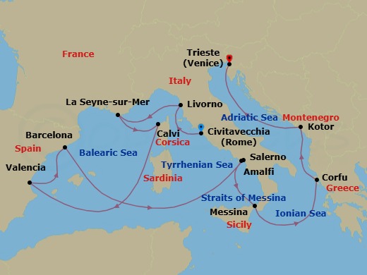14 Night - Adriatic and Western Mediterranean - Queen Victoria - Starting in Civitavecchia (tours to Rome), Italy, Livorno (tours to Florence or Pisa), Italy, La Seyne-sur-Mer (for Toulon), France, Calvi, Corsica, France, Valencia, Spain, Barcelona, Spain, Salerno (tours to Capri or Pompeii), Italy, Amalfi Coast Sail By, IT, Messina Strait, Italy (Transit), Messina, Sicily, Italy, Corfu, Greece, Kotor, Montenegro, Trieste, Italy itinerary map