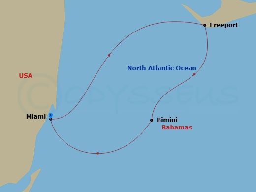4 Night - Bahamas & Bimini Beach Club - Brilliant Lady - Starting in Miami, Florida, Freeport, Grand Bahama Island, Bahamas, The Beach Club at Bimini, Bahamas, Miami, Florida itinerary map