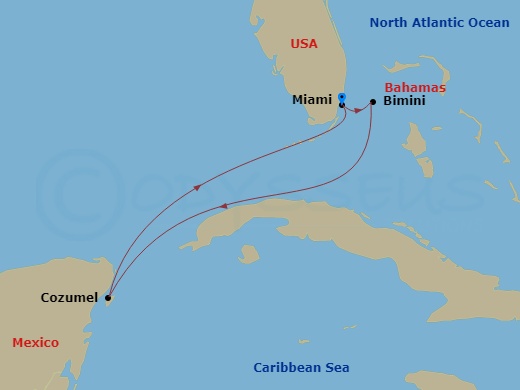 5 Night - Mexico & Bimini Beach Club Holiday - Brilliant Lady - Starting in Miami, Florida, The Beach Club at Bimini, Bahamas, Cozumel, Mexico, Miami, Florida itinerary map