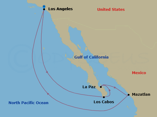7 Night - Mexican Riviera Cruise - Brilliant Lady - Starting in Los Angeles, California, Cabo San Lucas, Mexico, La Paz, Mexico, Mazatlan, Mexico, Los Angeles, California itinerary map