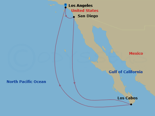 7 Night - Mexican Riviera & Cabo Overnight - Brilliant Lady - Starting in Los Angeles, California, San Diego, California, Cabo San Lucas, Mexico, Los Angeles, California itinerary map