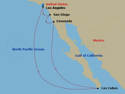 7 Night - Baja Mexico Halloween Cruise - Brilliant Lady - Starting in Los Angeles, California, San Diego, California, Ensenada, Mexico, Cabo San Lucas, Mexico, Los Angeles, California itinerary map