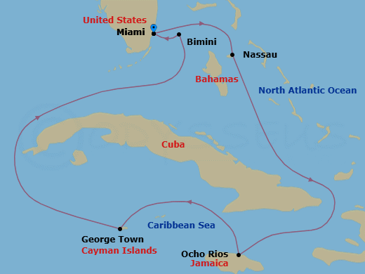 7 Night - Western Caribbean & Bimini New Year's - Brilliant Lady - Starting in Miami, Florida, Nassau, Bahamas, Ocho Rios, Jamaica, George Town, Cayman Islands, The Beach Club at Bimini, Bahamas, Miami, Florida itinerary map