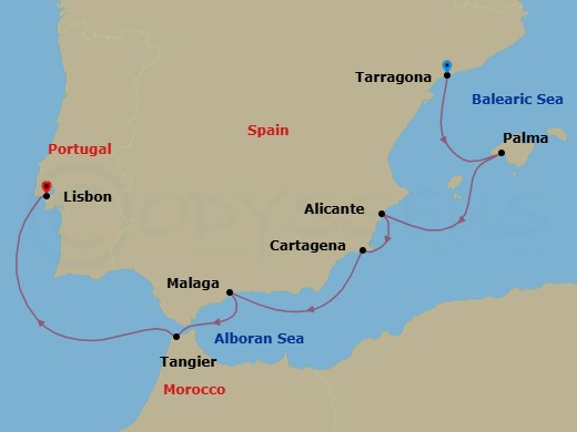 7 Night - Barcelona (Tarragona) / Lisbon - Evrima - Starting in Barcelona (Tarragona), Palma de Mallorca, Mallorca, Balearic Islands, Alicante, Cartagena ES, Malaga, Tangier, Lisbon itinerary map