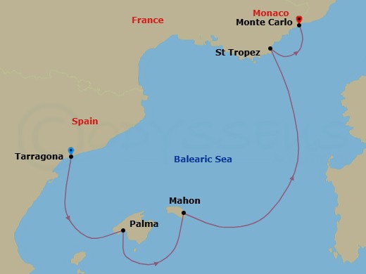 4 Night - Barcelona (Tarragona) / Monte Carlo - Evrima - Starting in Barcelona (Tarragona), Palma de Mallorca, Mallorca, Balearic Islands, Mahon, Menorca, Balearic Islands, Saint-Tropez, Monte Carlo itinerary map