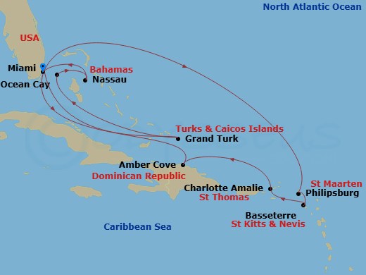 14 Night - Caribbean and Antilles - MSC Seashore - Starting in Miami, Florida, Philipsburg, St Maarten, Basseterre, Sao Cristovao, Nevis, Charlotte Amalie (St Thomas) Virgin Islands, Amber Cove, Dominican Republic, Miami, Florida, Grand Turk Island, Turks and Caicos, Ocean Cay Msc Marine Reserve, Bahamas, Nassau, Bahamas, Miami, Florida itinerary map