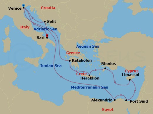 12 Night - Mediterranean - MSC Lirica - Starting in Venice / Marghera, Italy, Katakolon (Olympia), Greece, Heraklion (Crete), Greece, Rhodes (Lindos), Greece, Limassol, Cyprus, Port Said, Egypt, Alexandria EG, Egypt, Split, Croatia, Venice / Marghera, Italy, Bari, Italy itinerary map
